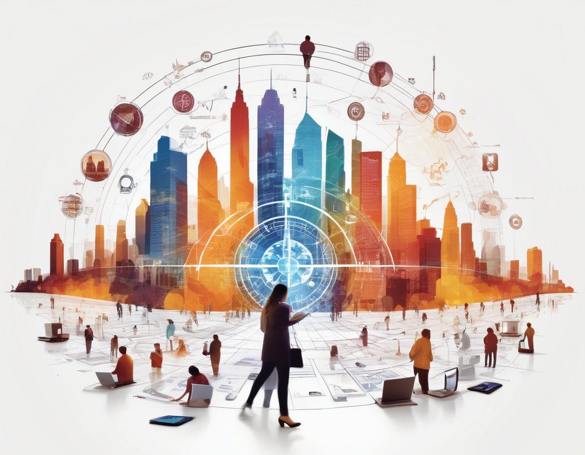 A collage of diverse people using various devices to share files, surrounded by icons representing file types, networks, and data flow. The background features a city skyline to symbolize the digital landscape, and a compass overlay to signify navigation. Bright and engaging colors to evoke a sense of community and efficiency. super-realistic. vibrant colors. white background.