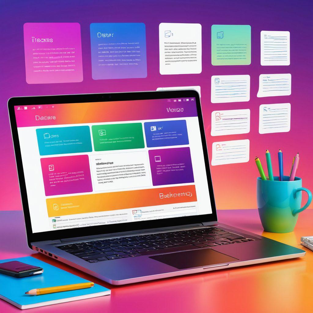 A modern digital workspace featuring a sleek laptop with a colorful, organized screen showcasing various online content options, beside an open notebook with handwritten notes. Surrounding the workspace are iconic symbols of digital diaries and download management, such as folders, cloud storage, and download bars. The background is a vibrant gradient reflecting technological advancement. super-realistic. vibrant colors. clean design.