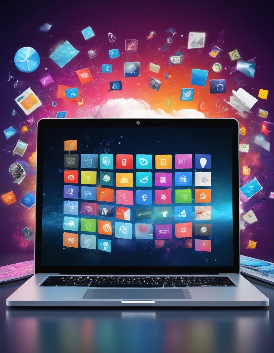 A visually captivating collage depicting a sleek digital diary open on a laptop screen, surrounded by torrent icons, music notes, and film reels. The background features abstract representations of file sharing and media downloading in vibrant colors, blending technology with creativity. Incorporate elements like cloud storage and networking symbols to emphasize connectivity. The overall feel should be modern and engaging. super-realistic. vibrant colors. 3D.